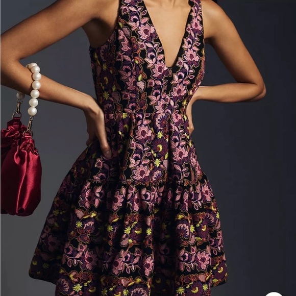 Anthropologie Embroidered Purple and Black Floral Mini Dress Size 0 MSRP $398 - Picture 3 of 12